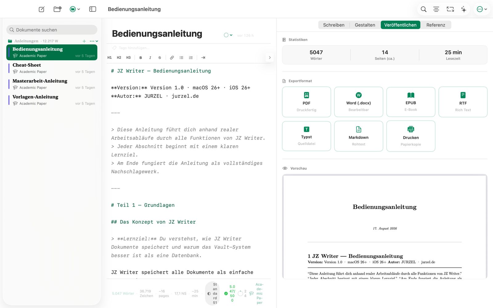 Das Export-Menü von JZ Writer mit PDF, Word, EPUB, RTF, Typst, Markdown und Drucken sowie Live-Vorschau