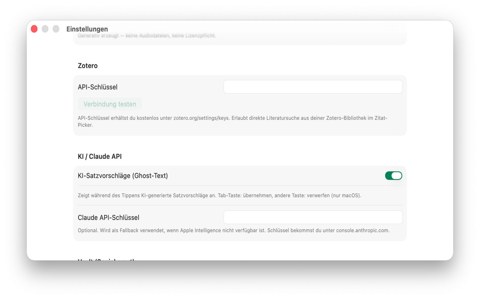 JZ Writer Einstellungen: Zotero-API-Schlüssel und Claude-API-Integration für den Zitat-Picker