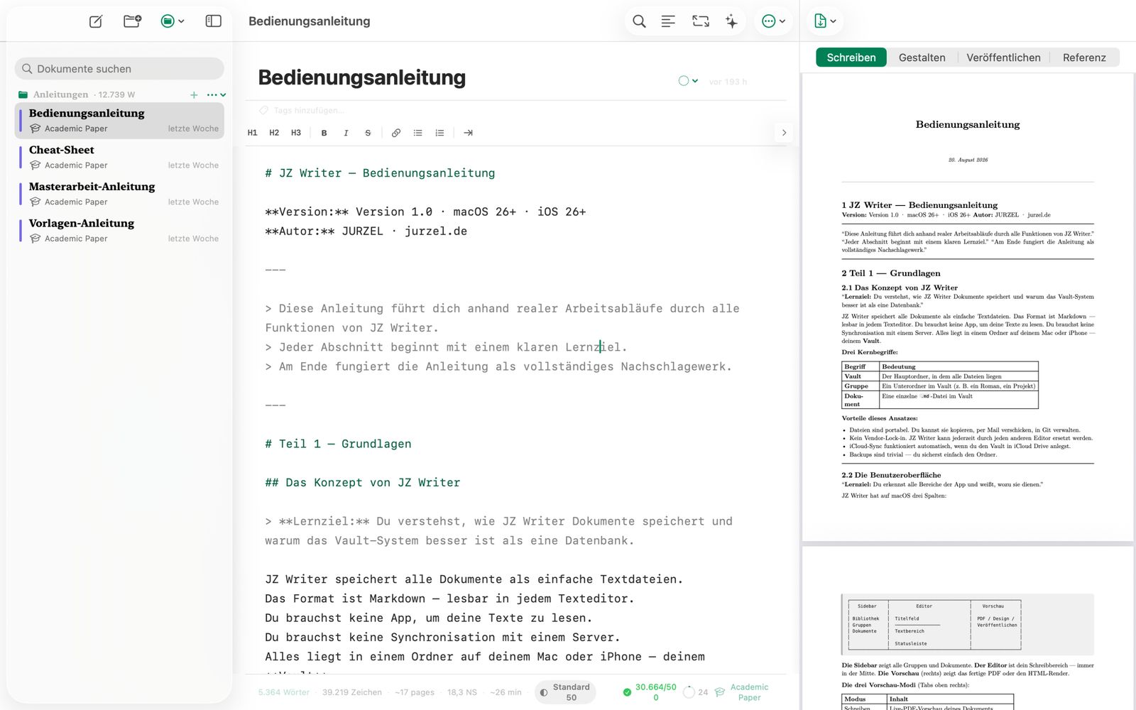 JZ Writer: Editor mit Sidebar, Markdown-Text und live gerendertem Typst-PDF im Vorschaubereich