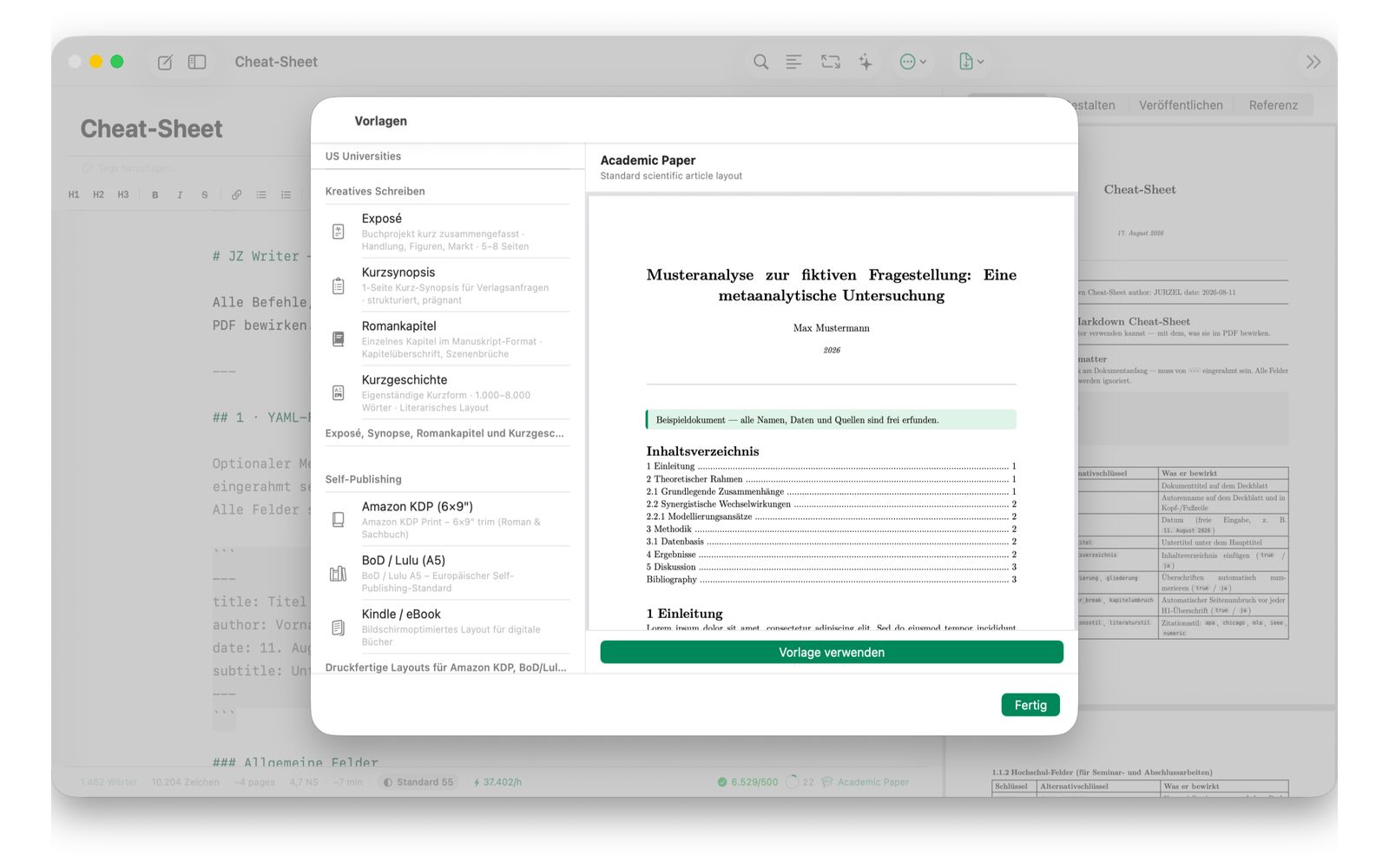 Der Vorlagen-Picker in JZ Writer mit Kategorien-Sidebar und Live-Vorschau der Academic-Paper-Vorlage